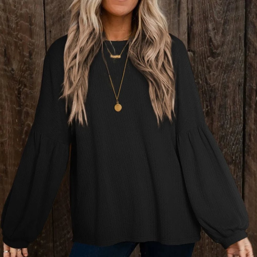 Black Faux Knit Jacquard Puffy Long Sleeve Top - Picture 2 of 5